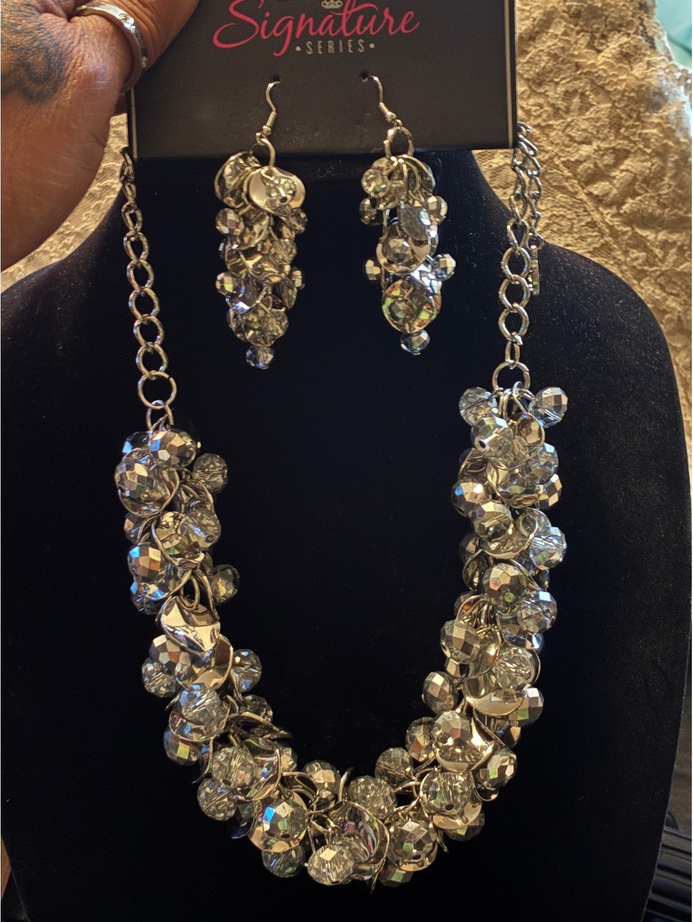 The Haydee" Silver Shimmer Cluster Statement Necklace & Earrings Set